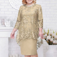 Women's Elegant Lace Embroidery Evening Dress Half Sleeve Knee-Length Round Neck Solid Temperment Dress For Middle-Age Women SHOWLU FASHION STORE