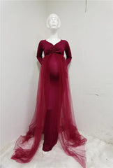 Maternity Tulle Long Dresses Baby Shower Cotton Dress Stretchy Pregnancy Photography Dress with Cape Long Train
