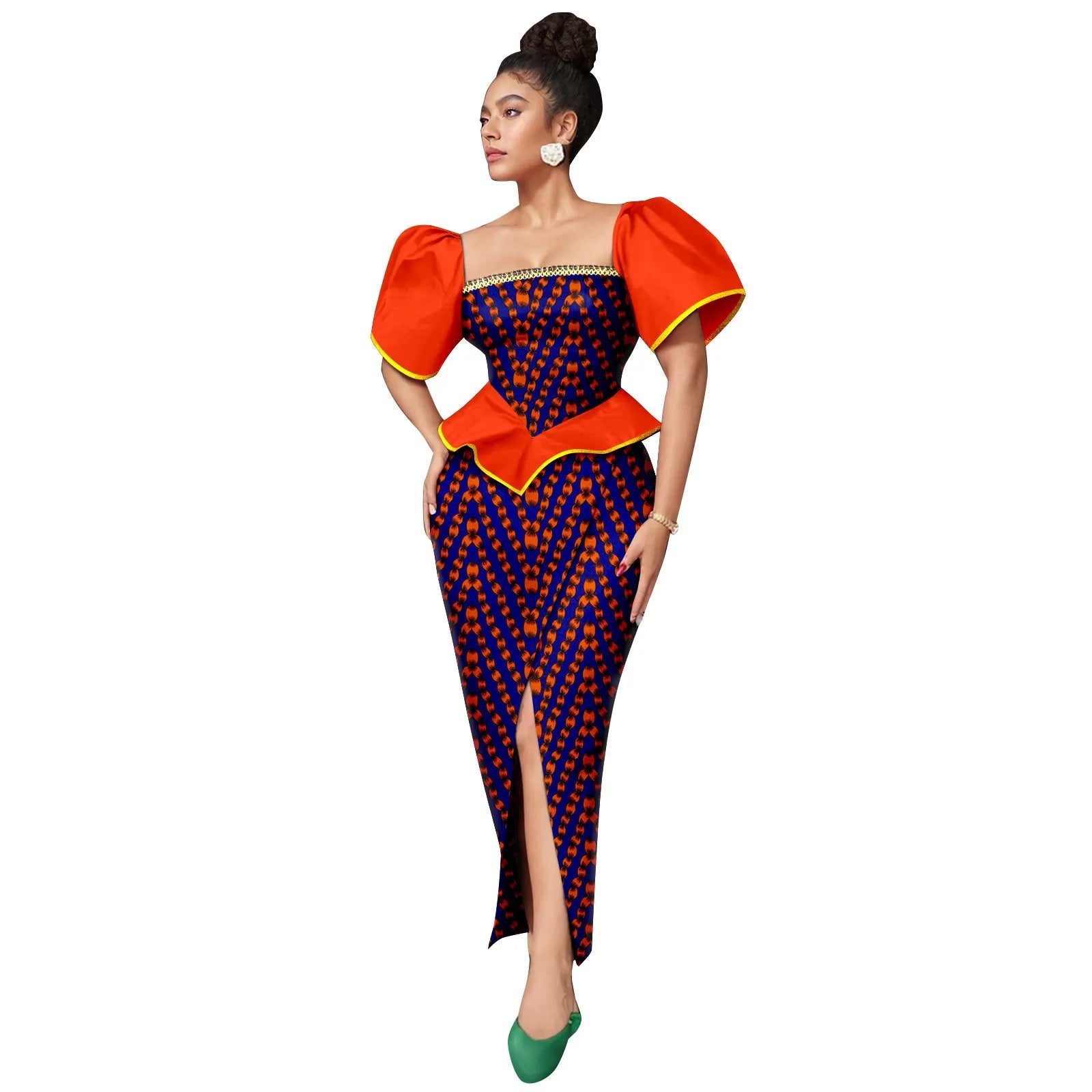 Africa Ankara Printed Women's Dress Short Sleeve Patchwork Square Neck Bubble Sleeve Split Dresses 2425186 SHOWLU FASHION STORE
