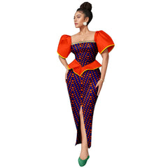 Africa Ankara Printed Women's Dress Short Sleeve Patchwork Square Neck Bubble Sleeve Split Dresses 2425186 SHOWLU FASHION STORE