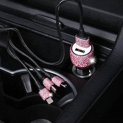 USB Car Charger Pink Crystal Diamond 5V 2.1A Dual Port Fast Charging Adapter 3 in 1 Charging Cable for IPhone Samsung Huawei