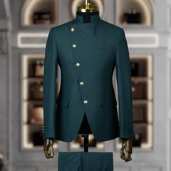 Fashion Stand Collar Men Suits 2 Piece Formal Single Breasted Smart Casual Outfits Solid Color Chic Wedding Party Slim Male Suit