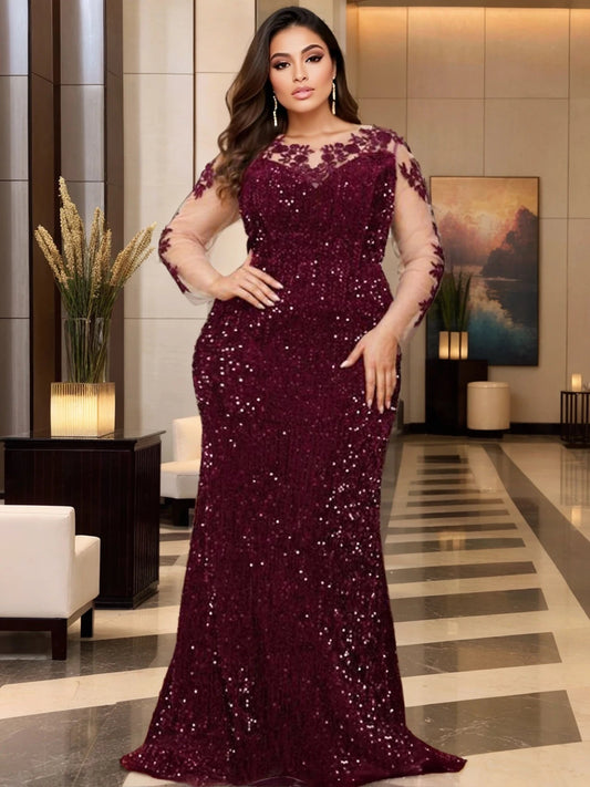 Blue O Neck Sequin Formal Evening Dress Long Sleeves See-through Mesh Stretchy Floor Length Women Party Elegant Wedding Dresses SHOWLU FASHION STORE