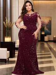 Blue O Neck Sequin Formal Evening Dress Long Sleeves See-through Mesh Stretchy Floor Length Women Party Elegant Wedding Dresses SHOWLU FASHION STORE