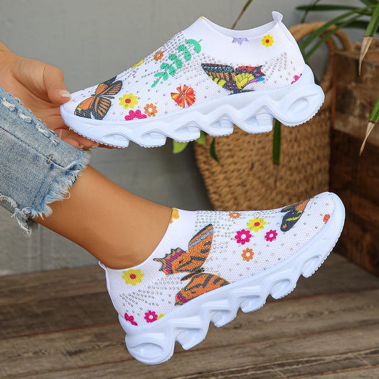 Fashion Crystal Butterfly Knitted Sneakers Shoes Woman Summer 2024 Breathable Mesh Slip On Platform Casual Flats Women Tennis