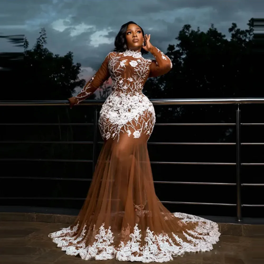 Aso Ebi Evening Dresses See Through Full Sleeves Transparent Mermaid Beading Prom Gowns Plus Size Prom Dress Long Tulle Applique SHOWLU FASHION STORE