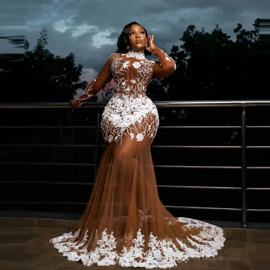 Aso Ebi Evening Dresses See Through Full Sleeves Transparent Mermaid Beading Prom Gowns Plus Size Prom Dress Long Tulle Applique SHOWLU FASHION STORE