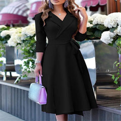 Women's Fashion V-neck Strap Waist Dress New Mid-sleeve Women's Dress Temperament Commuter Women's Dress SHOWLU FASHION STORE