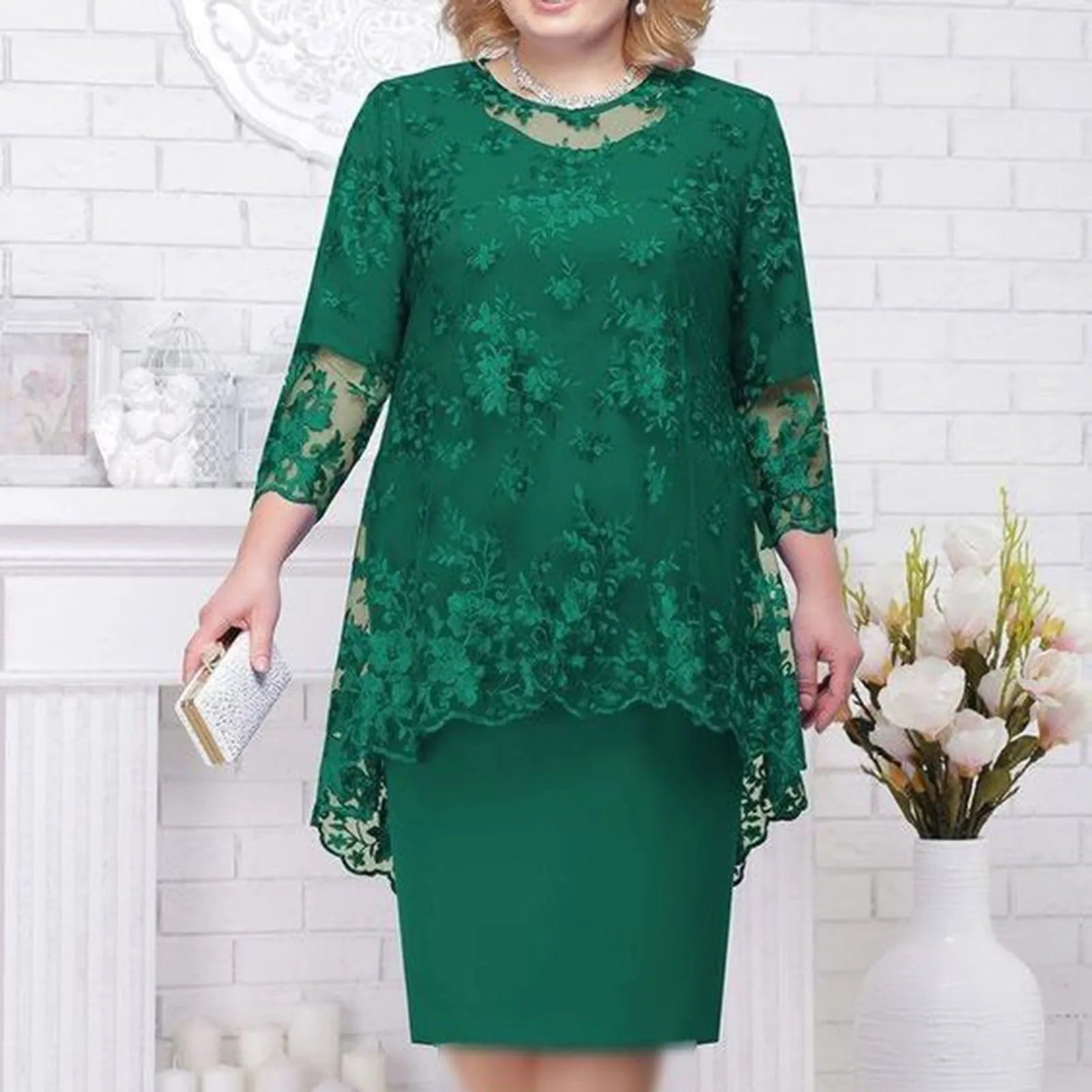 Women's Elegant Lace Embroidery Evening Dress Half Sleeve Knee-Length Round Neck Solid Temperment Dress For Middle-Age Women SHOWLU FASHION STORE