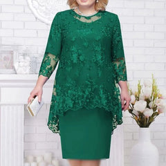 Women's Elegant Lace Embroidery Evening Dress Half Sleeve Knee-Length Round Neck Solid Temperment Dress For Middle-Age Women SHOWLU FASHION STORE