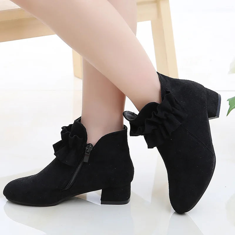 Fashion Kids Shoes Girls Princess Boots Draped Solid Autumn Winter Suede Low Heels Short Ankle Children Boots for Big Girl 27-37 SHOWLU FASHION STORE