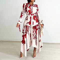 Elegant Printed Dresses Woman 2024 Turn Down Collar Single Breasted Full Sleeve Asymmetric Ankle Length Fashion Birthday Dress SHOWLU FASHION STORE