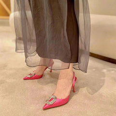 Rhinestone Toe Sandals Women's New Black Versatile Temperament Silk Pointed Toe Back Strap Stiletto Heels SHOWLU FASHION STORE