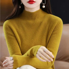 Temperament Pleated Pullover Sweater For Women Long-Sleeve Female S-2XL Siz Half High Collar Underlay Sleeve Sweater Slim Fit SHOWLU FASHION STORE