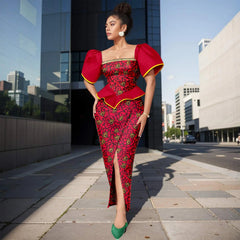 Africa Ankara Printed Women's Dress Short Sleeve Patchwork Square Neck Bubble Sleeve Split Dresses 2425186 SHOWLU FASHION STORE