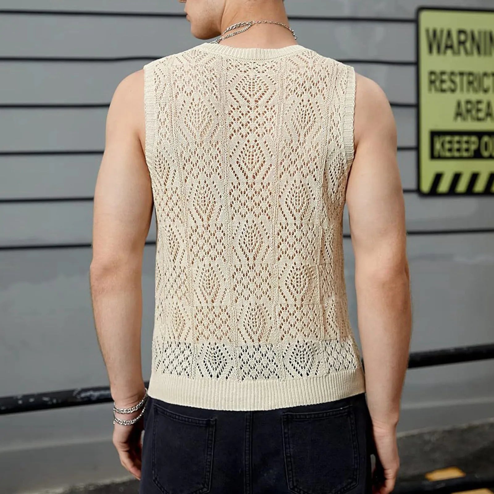 Beach Tops For Men Men'S Knitted Hollowed Out Vest Crew Neck Sleeveless Male Clothes With Designs Camiseta Sin Mangas Hombre SHOWLU FASHION STORE
