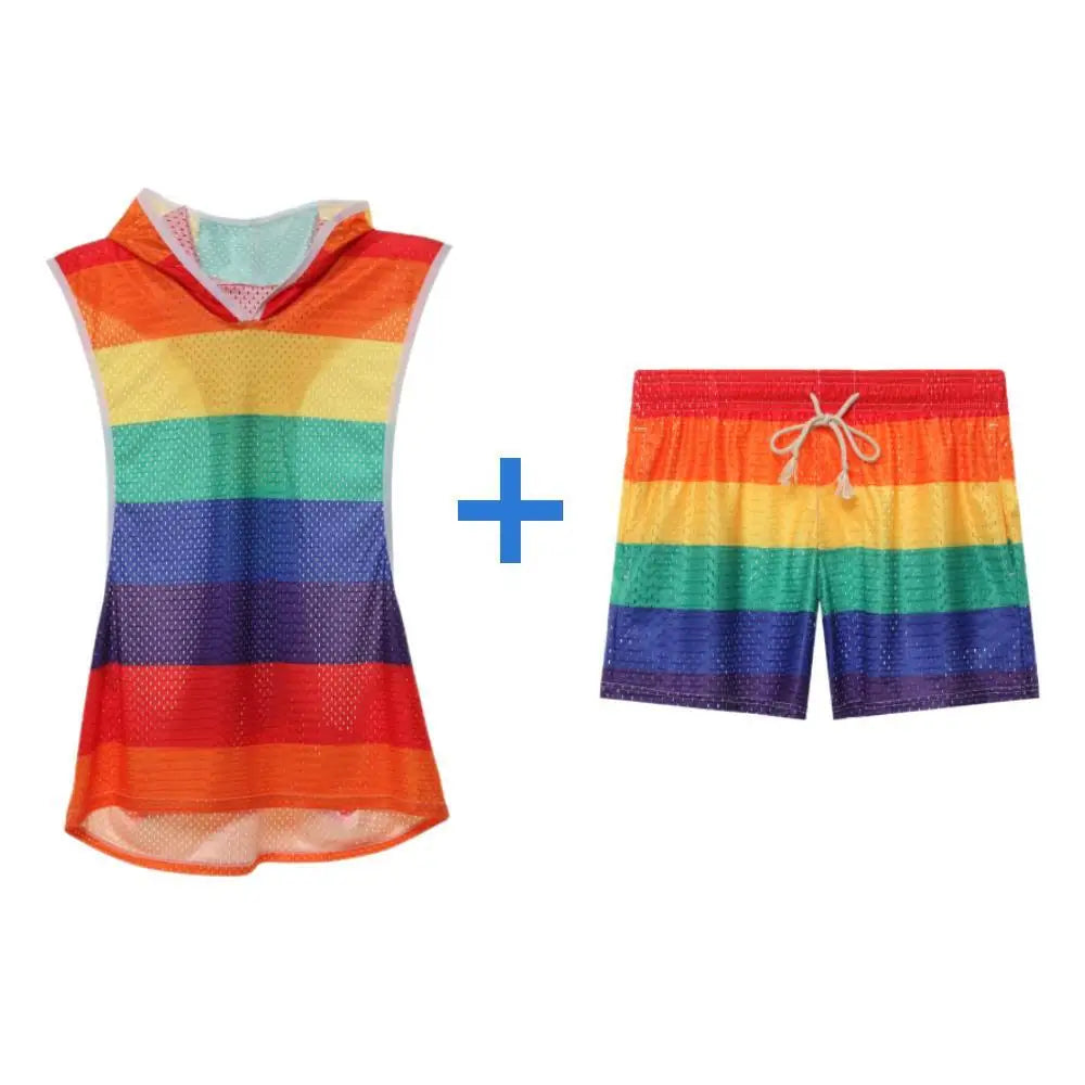 Men's Sets Rainbow Hooded Men's Tank Tops Mesh Breathable V-neck Vests Men Shorts Streetwear Tops Tee Sports Fitness Singlets SHOWLU FASHION STORE