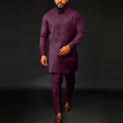 African Ethnic Mens Casual Set 2 Piece Long Sleeve Solid Patchwork Shirt Pants Comfy Loungewear Outfit 2024 New Autumn