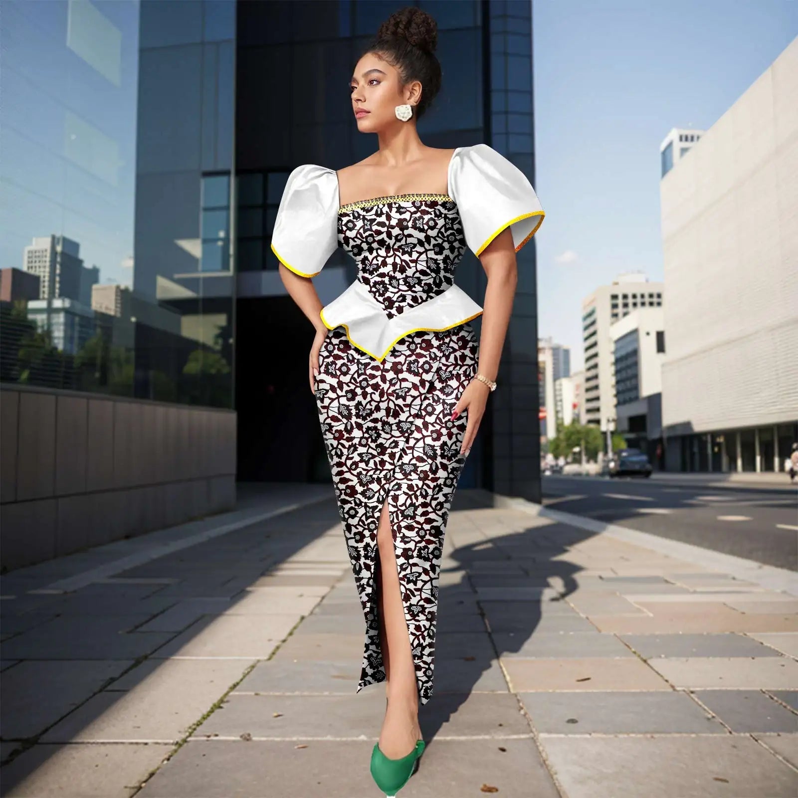 Africa Ankara Printed Women's Dress Short Sleeve Patchwork Square Neck Bubble Sleeve Split Dresses 2425186 SHOWLU FASHION STORE