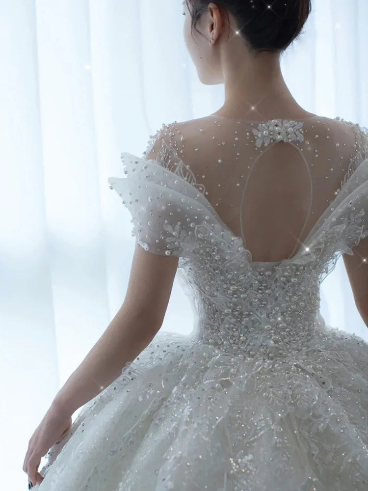 D120 2024 Princess Sexy Luxury Crystal Beaded Wedding Dress Puff Tulle White Wedding Gown Simple Bride Dress Women SHOWLU FASHION STORE