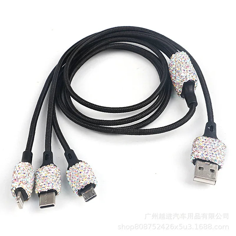 USB Car Charger Pink Crystal Diamond 5V 2.1A Dual Port Fast Charging Adapter 3 in 1 Charging Cable for IPhone Samsung Huawei