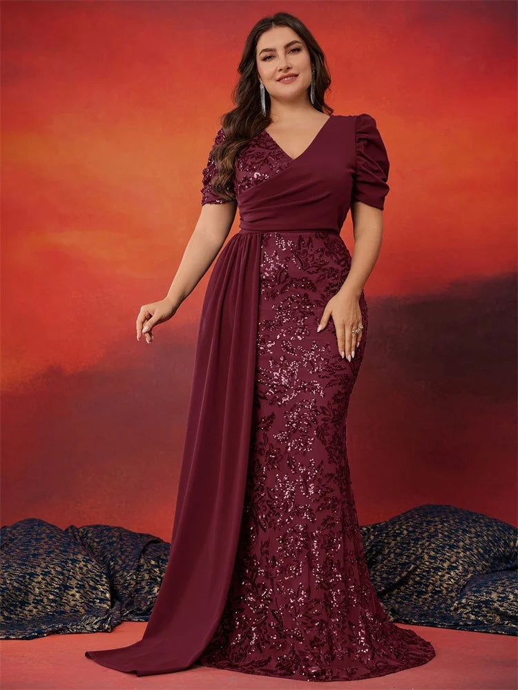 BLUEPLUM Plus Size Elegant V-neck Sequins Evening Dress Women Short Sleeves Mermaid Formal Luxury Party Streamer Prom Dress SHOWLU FASHION STORE