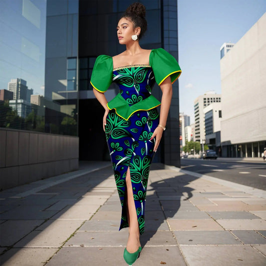 Africa Ankara Printed Women's Dress Short Sleeve Patchwork Square Neck Bubble Sleeve Split Dresses 2425186 SHOWLU FASHION STORE