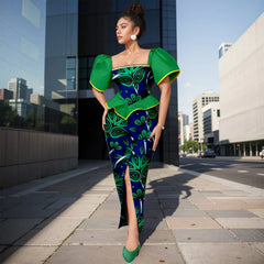 Africa Ankara Printed Women's Dress Short Sleeve Patchwork Square Neck Bubble Sleeve Split Dresses 2425186 SHOWLU FASHION STORE