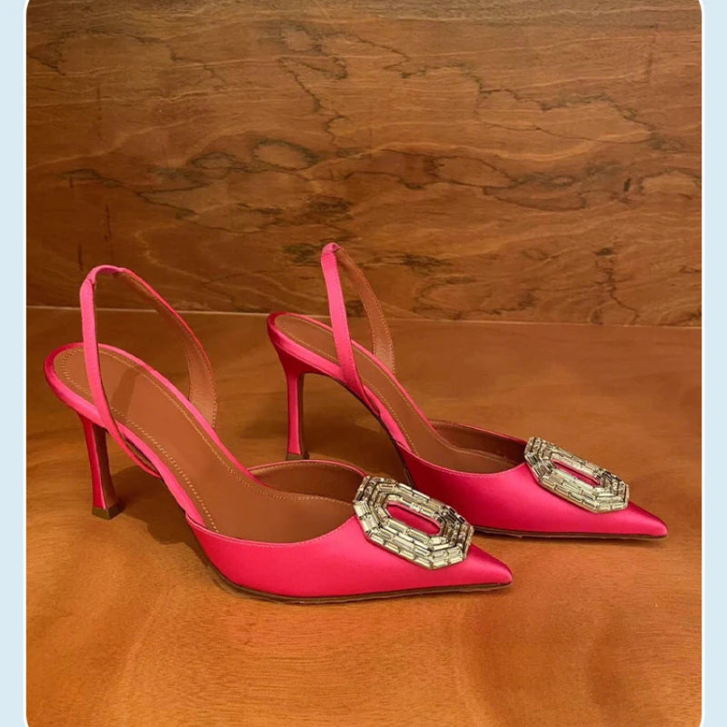Rhinestone Toe Sandals Women's New Black Versatile Temperament Silk Pointed Toe Back Strap Stiletto Heels SHOWLU FASHION STORE