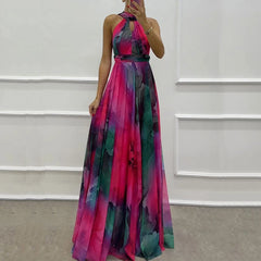 Vintage Pattern Printed Sleeveless Party Dress Casual High Waist Bohemian Dresses New Sexy Halter Hollow Out Women's Long Dress