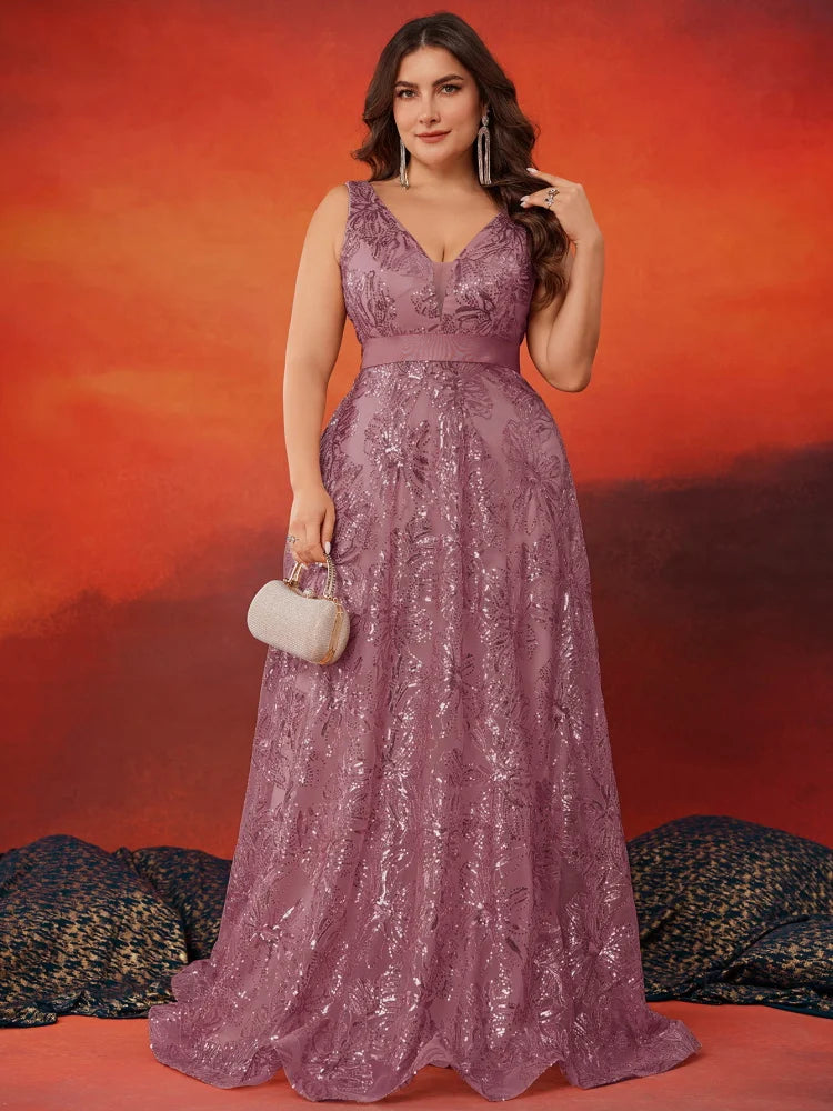 Lucyinlove Plus Size Luxury Deep V-Neck Sequins Blue Evening Dress Women Elegant V-back Wedding Party Long Prom Cocktail Dresses SHOWLU FASHION STORE