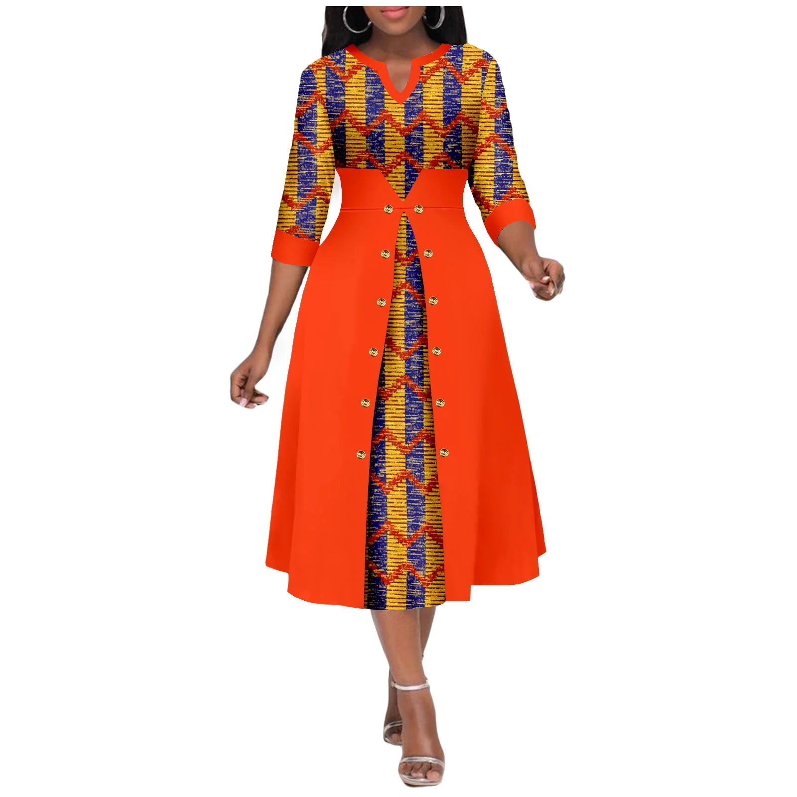 Africa Ankara Printed Fabric Women's Dress V Neck Sexy Double Hem Splicing Clash Color Model Skirt 2425190 SHOWLU FASHION STORE