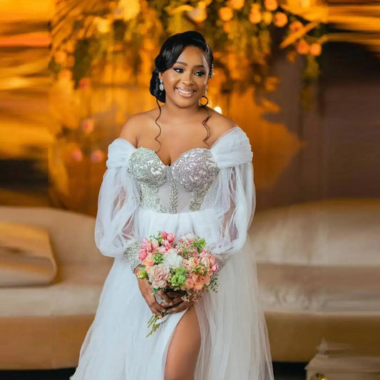 Rhinestone White Bride Robes for Wedding Off Shoulder Long Sleeves Side Split A Line Tulle Africa Bridal Shower Dress Customized SHOWLU FASHION STORE