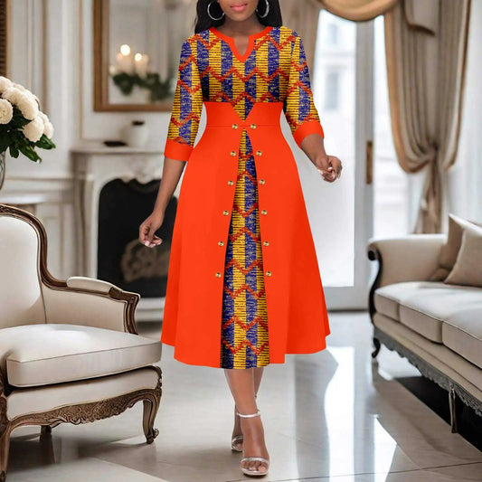 Africa Ankara Printed Fabric Women's Dress V Neck Sexy Double Hem Splicing Clash Color Model Skirt 2425190 SHOWLU FASHION STORE