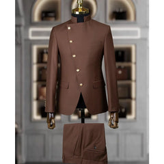 Fashion Stand Collar Men Suits 2 Piece Formal Single Breasted Smart Casual Outfits Solid Color Chic Wedding Party Slim Male Suit