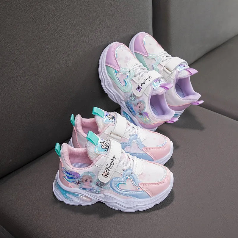 Disney Girls' Casual Shoes Frozen Priness Elsa Sneakers Mesh Leather White Breathable Sole Children's Sport Shoes Size 26-37 SHOWLU FASHION STORE