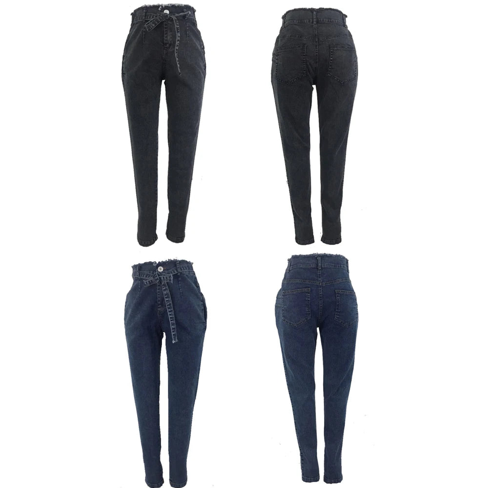 High Waist Jeans For Women Slim Stretch Denim Jean Bodycon Tassel Belt Bandage Skinny Push Up Jeans Woman clothe 4XL 5XL SHOWLU FASHION STORE