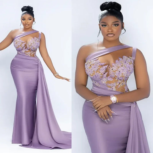 Lavender Evening Dresses Sheer Neck One Shoulder Illusion Mermaid Appliqued Beaded Lace Bridesmaid Dress Prom Gown Customized SHOWLU FASHION STORE