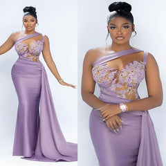 Lavender Evening Dresses Sheer Neck One Shoulder Illusion Mermaid Appliqued Beaded Lace Bridesmaid Dress Prom Gown Customized SHOWLU FASHION STORE