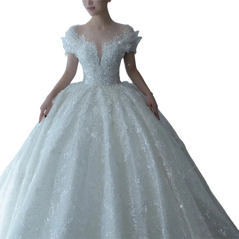 D120 2024 Princess Sexy Luxury Crystal Beaded Wedding Dress Puff Tulle White Wedding Gown Simple Bride Dress Women SHOWLU FASHION STORE