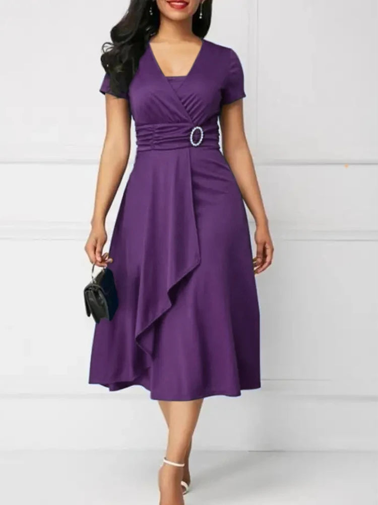 Summer Dresses Elegant Women Solid Color Short Sleeve V Neck Asymmetric Hem Waist Tight Midi Party Dress Ladies Evening Vestidos SHOWLU FASHION STORE
