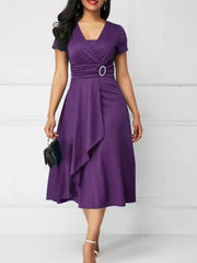 Summer Dresses Elegant Women Solid Color Short Sleeve V Neck Asymmetric Hem Waist Tight Midi Party Dress Ladies Evening Vestidos SHOWLU FASHION STORE