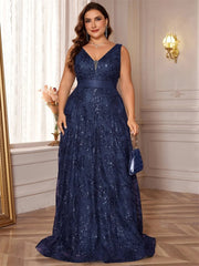 Lucyinlove Plus Size Luxury Deep V-Neck Sequins Blue Evening Dress Women Elegant V-back Wedding Party Long Prom Cocktail Dresses SHOWLU FASHION STORE