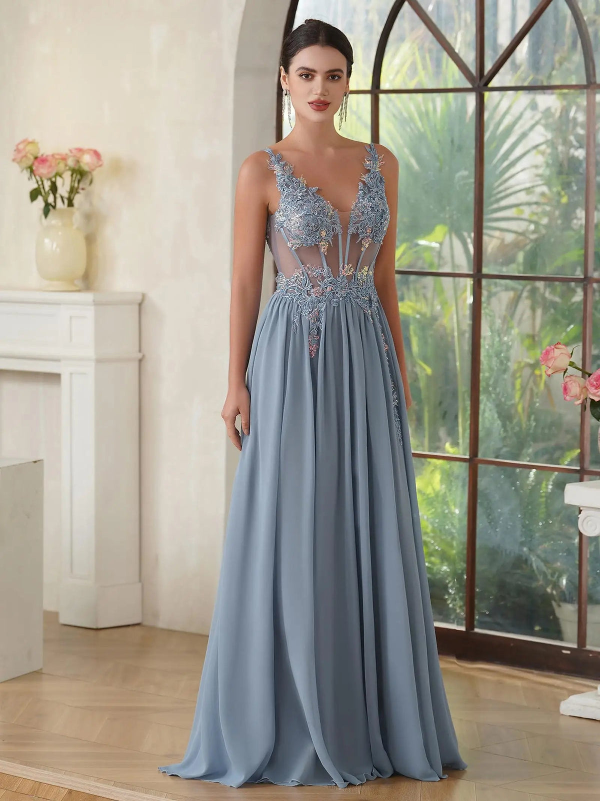 Shiny Appliques A Line Evening Dresses Elegant Fish Bone Beaded Illusion Spaghetti Straps Prom Gown Formal Party Vestido De Gala SHOWLU FASHION STORE