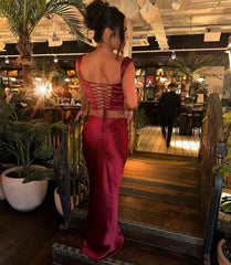 Mingmingxi Wine Elegant and Beautiful Womens Dresses Sexy Corset Cropped Top and Skirt 2 Piece Set Christmas New in Dresses SHOWLU FASHION STORE