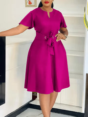 Women's plus Size Swing Dress Summer 2025 Fashion Temperament Solid Color Lace-Up Short-Sleeved Elegant Casual Maxi Dress