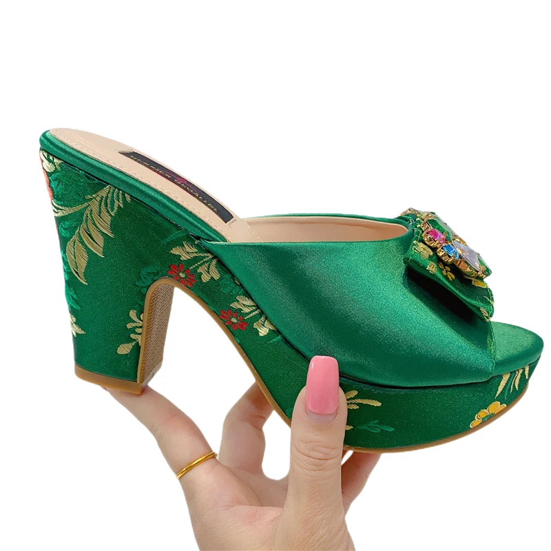 2023 Italian Designer Sandals Fashion Faux Embroidery Pattern Rhinestone Italian Design Ladies Wedding Shoes 10cm High Heels SHOWLU FASHION STORE