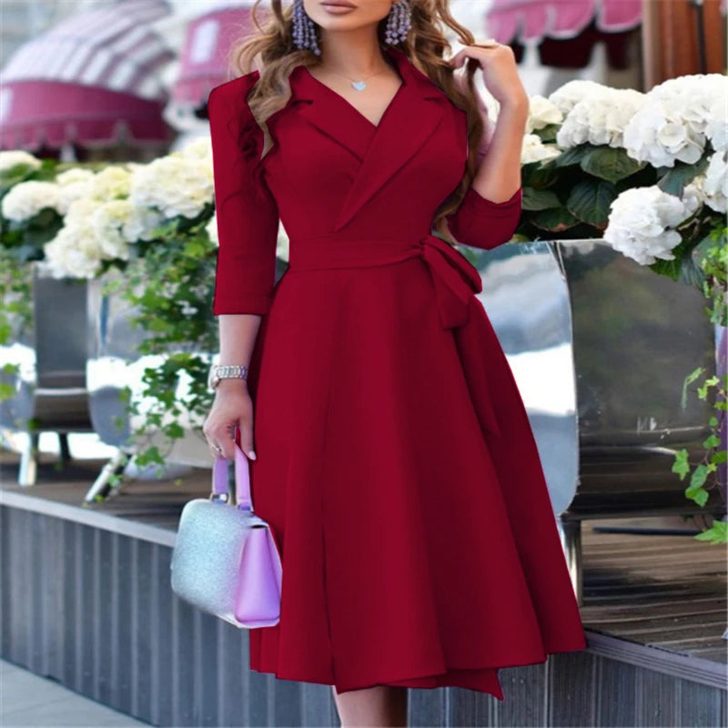 Women's Fashion V-neck Strap Waist Dress New Mid-sleeve Women's Dress Temperament Commuter Women's Dress SHOWLU FASHION STORE