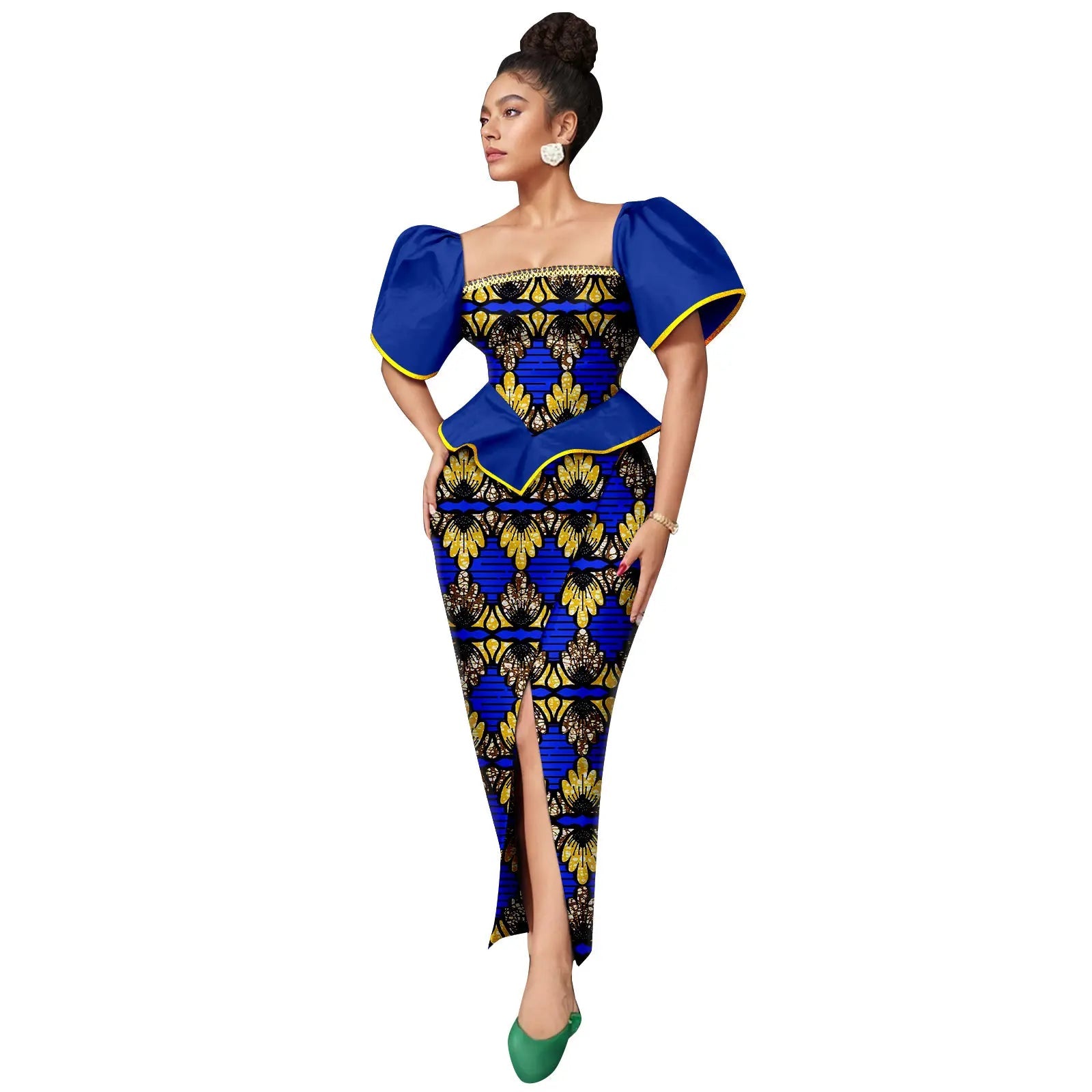 Africa Ankara Printed Women's Dress Short Sleeve Patchwork Square Neck Bubble Sleeve Split Dresses 2425186 SHOWLU FASHION STORE