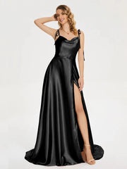 2024 New 3 Styles Simple Satin Bridesmaid Dress Cowl Neckline with Tieing Thin Straps Evening Dress Leg Slit  A-line Prom Dress SHOWLU FASHION STORE